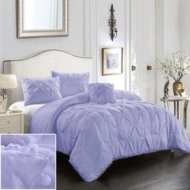 EVOLIVE 4pc Set Pinch Pleat/Kiss Pleat, Pintuck Down Alternative Comforter Set with Pompom (King, Purple)