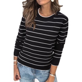 Arach&Cloz Womens Fall Tops 2025 Striped Sweater Fashion Crew Neck Long Sleeve Outfits Trendy Casual Pullover Black and White