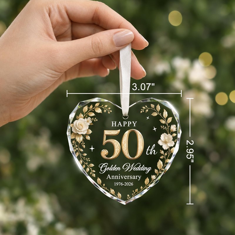 50th Anniversary Ornament - Heart Glass Wedding Gifts for Couple