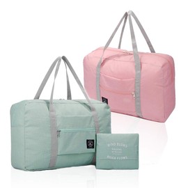 (2 Packs) Foldable Travel Bag, Waterproof Hand Luggage Bag, Lightweight Travel Bag for Sports, Gym, Holidays, Light Blue, Pale Pink, 48 x 32 x 16cm