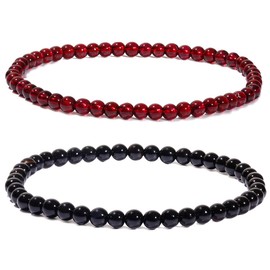 Jewboo 2Pcs Genuine Semi Gems Friendship Beaded Bracelets for Women Crystals and Gemstones Stretch Healing Bracelets Beads 4mm (Garnet & Black Agate)