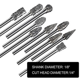 Carbide Burrs Set 1/8’’ Shank Diameter Double Cut Solid Tungsten Carbide Burrs with 1/4’’ Cutting Head Rotary File Carving Grinding Engraving Polishing Bit for Die Grinder Rotary Drill Tool 10pcs