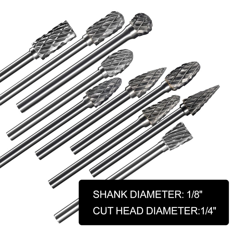 Carbide Burrs Set 1/8’’ Shank Diameter Double Cut Solid Tungsten