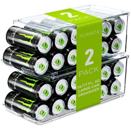 SCAVATA 2 Pack Tall Skinny Can Organizer for Refrigerator, Stackable Large Soda Cans of 16oz & 17oz Beverage Energy Drink Container Holder Dispenser with Lid for Fridge, Clear Storage Plastic Bins