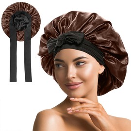 Double Layer Shower Cap for Women with Bowknot - Satin Night Reusable Bonnet for Straight, Wavy & Curly Hairs - Bathing Accessories - Elastic adjustable Sleeping Cap for Long Hair with Tie Band