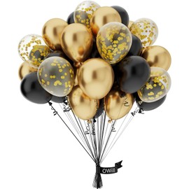 OWill 50 Pcs Black and Gold balloons and Confetti 10 Inch Black Gold Latex Balloons for Party, Birthday, graduation decorations(Black Gold Confetti)