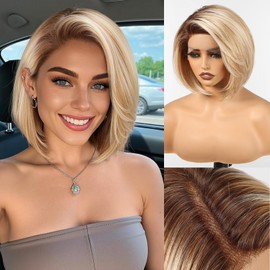 HAIRCUBE Ombre Blonde Hightlight Synthetic Lace Front Wig, 10 Inch Layered Glueless Bob Wig, Natural Density Hairline Wigs for Women Daily Use