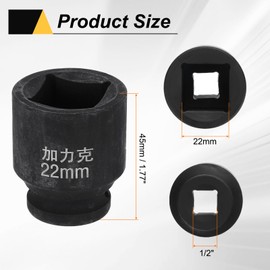 sourcing map 4 Point Square Socket 1/2" Drive 22mm Metric Square Impact Socket CR-V Blackening Standard Wheel Sleeve Pneumatic Sleeve Tool for Auto Repair Mechanical Maintenance Home Use