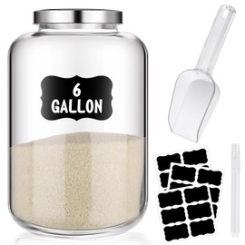 Hushee 6 Gallon Large Glass Jar with Metal Lid Wide Mouth Cookie Jars with Scoop Labels Marker Airtight Canning Canisters Heavy Duty Glass Food Storage Containers for Storing Flour Rice Sugar Nuts