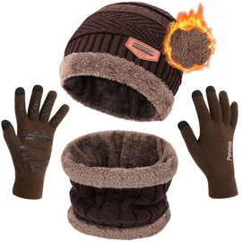 Petrunup Mens Winter Hat Loop Scarf and Gloves Touchscreen Warm 3Pcs Set with Fleece Liner Unisex Thermal Beanie Snood Knitted Mittens Brown