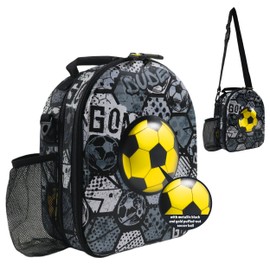 Decorably Insulated Hard-Top Soccer Lunch Box for Boys with Metallic Soccer Ball Design, Easy-to-Clean Sports Lunch Box for Boys with 2 Main Compartments and Water Bottle Holder - School