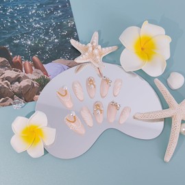 UNIYVOH Nails Handmade Press on Nail Medium Long Almond, 3D Mermaid Fake Nail with Designs, Women Reusable False Nails (Aurora Pink, S)