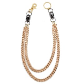 TFJ Men Gold Wallet Chain Links Biker Gothic Black Skull Charm Long 2 Strands