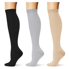 Saniripple (3 pairs) Compression Socks 20-30 mmHg Long Knee High Socks for Women and Men Black/Nude/Lightgrey L/XL