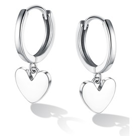 Chriscoco Heart Earring Pendant 925 Silver for Women Girls Heart Hoop Earrings Pendant Hypoallergenic Earring Silver 925 Hoop Earrings Small Earrings Hanging with Heart for Children, Silver, No
