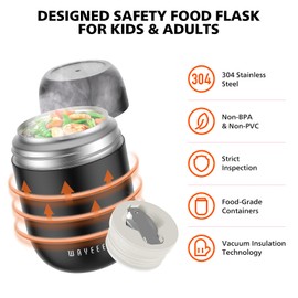 WayEee Food Thermos for Hot Food Insulated Food Jar, Vacuum Bento Box Lunch Containers 16 oz for Kids Adults, Airtight Stainless Steel Food Soup Thermos with Spoon, for School, Travel, Picnic - Black