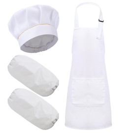 GSrenyu Kids Aprons for Cooking Kids Chef Outfit with Hat and Long Sleeves Children Art Apron Adjustable with Pockets White Kids Chef Costume for Cooking Baking Painting