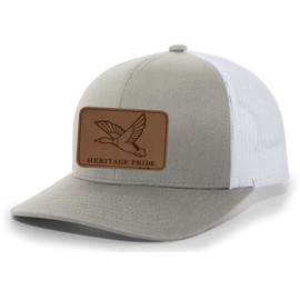 Heritage Pride Mallard Duck Laser Engraved Leather Mens Trucker Hat Baseball Cap Silver/White