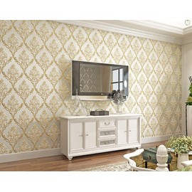 Q QIHANG 1.73' W x 32.8'L 3D Embossed Damask Printing Modern Minimalist European Style Bedroom TV Background Non-Woven Non-Pasted Wallpaper (A Beige)