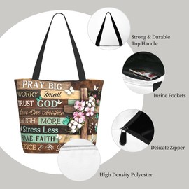 TREKTOTS Christian Tote Bag for Women, Inspirational Bible Verse & Cross Print, Faith-Based Reusable Church Grocery Bag with Zipper