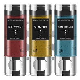 Craslly Shampoo and Conditioner Dispenser, Bathroom Shower Dispenser 3 Chamber No Drill Shampoo Dispenser, Perfect for Bathroom Wall, Kitchen Wall, Hotel Shower - Silver