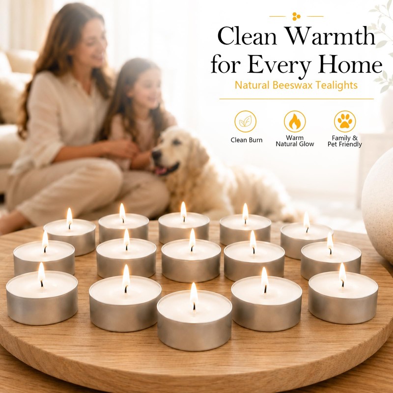 48 Pack White Natural Beeswax Tealight Candles Aluminum Cups 4-5
