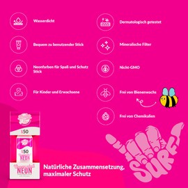 Shaka Sun - Mineral Sun Cream I SPF 50+ I Sun Protection Pen I Natural Zinc Oxide I for Children and Adults I Against All Radiation Types UVA and UVB I Waterproof I Neon Pink