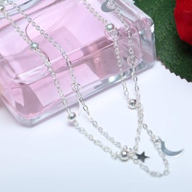 TseenYi Multilayer Necklace Moon and Star Pendant Simple and Delicate Lasso Choker Jewelry Gifts for Women and Girls (Silver)