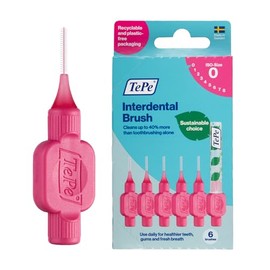 TEPE - Cepillo interdental original suave para limpieza de dientes, paquete de 6 unidades, 0,40 mm, huecos extra pequeños/pequeños, color rosa, tamaño 0