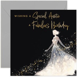 Old English Co. Birthday Card for Women - Special Auntie Birthday Card for Her - Gold Foil Glitter Silhouette Dress Design - Sparkle Birthday Card for Auntie | Blank Inside