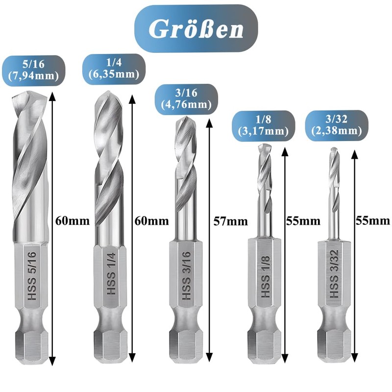 Teocpai 5 Pieces 1/4 Inch Hex Shank Stubby Drill Bit