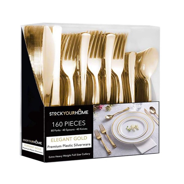 Gold Plastic Silverware Set (160 Bulk Pack) Disposable Cutlery Utensils, 80 Gold Forks, 40 Gold Knives, 40 Gold Spoons, Heavy Duty Flatware For Holidays, Parties, Dinners, Weddings, and Occasions