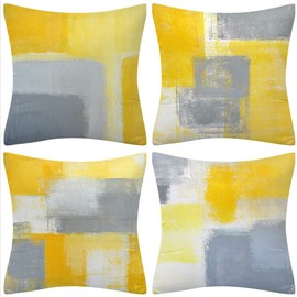 QUALKNOY Set of 4 Cushion Covers 16"x16" Yellow and Grey Linen Modern Abstract Art Decorative Throw Pillow cases 40 x 40cm for Living Room Outdoor Décor