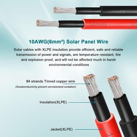 XRDS -RF 10AWG Solar Wire 6mm², 2 Pack 100FT Red & Black Solar Panel Cable, 84 Strands Tinned Copper, XLPE Insulated Outdoor Wire for PV Systems, Inverter, Battery, RV, Car, Boat – Fire & UV Resistant