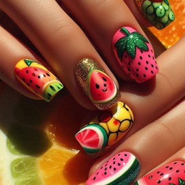 Watermelon Press On Nails Square Medium Fake Nails Green French Acrylic Glue On Nails Summer False Nails Glossy Stick On Nails Cute Fruit Reusable Artificial Nails For Women Girls 24pcs