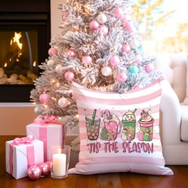 Christmas Pillow Cover 18x18 Inch - 'Tis The Season' Holiday Drink and Gingerbread Design - Festive Decorative Cushion Cover for Sofa, Bedroom, or Living Room, Holiday Decor(Pink)