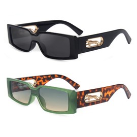 OuShiun Rectangle Sunglasses for Women Men Shades Trendy Retro 90’s Vintage Narrow Square Frame UV400 Protection OS2121 (Black+Green)