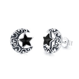 Moon Star Earrings 925 Sterling Silver Hypoallergenic Black Star Stud Earrings with Crystal Star Moon Jewellery Gifts for Children Girls Women Men 11 mm, Sterling Silver