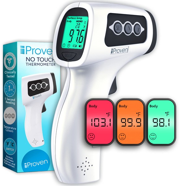 No Touch Infrared Thermometer, Health Care Temporal Forehead Temp Gun, Digital Medical iProven Non Contact Thermometer, Ideal for Adults and Kids, Measures Fever in Safe Distance (2-6 Inch)