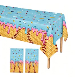 2 Pieces Ice Cream Drip Baseball Party Tablecloth, Plastic Cute Birthday Tablecloth, 54 x 108 Inch Disposable Table Cover for Girls Birthday Party, Summer Picnic, Sports Themed Party