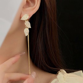 Allereya Vintage Crystal Leaf Ear Jacket Earrings Rhinestone Leaf Drop Earrings Long Chain Dangle Earrings Gold Long Chain Tassel Earrings Jewelry for Women and Girls (Gold)