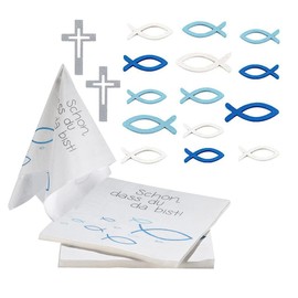 KOHMUI 60 Pieces Wooden Fish Decoration and 20 Napkins 'Schön, dass du da bist!', Blue White Fish Decoration Table Decoration for Christening, Communion Confirmation or Other Festive Occasions
