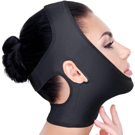 Neck and Chin Compression Garment Wrap - Post Surgical Chin Strap Bandage for Women - Face Slimmer, Jowl Tightening, Chin Lifting (Black, L)