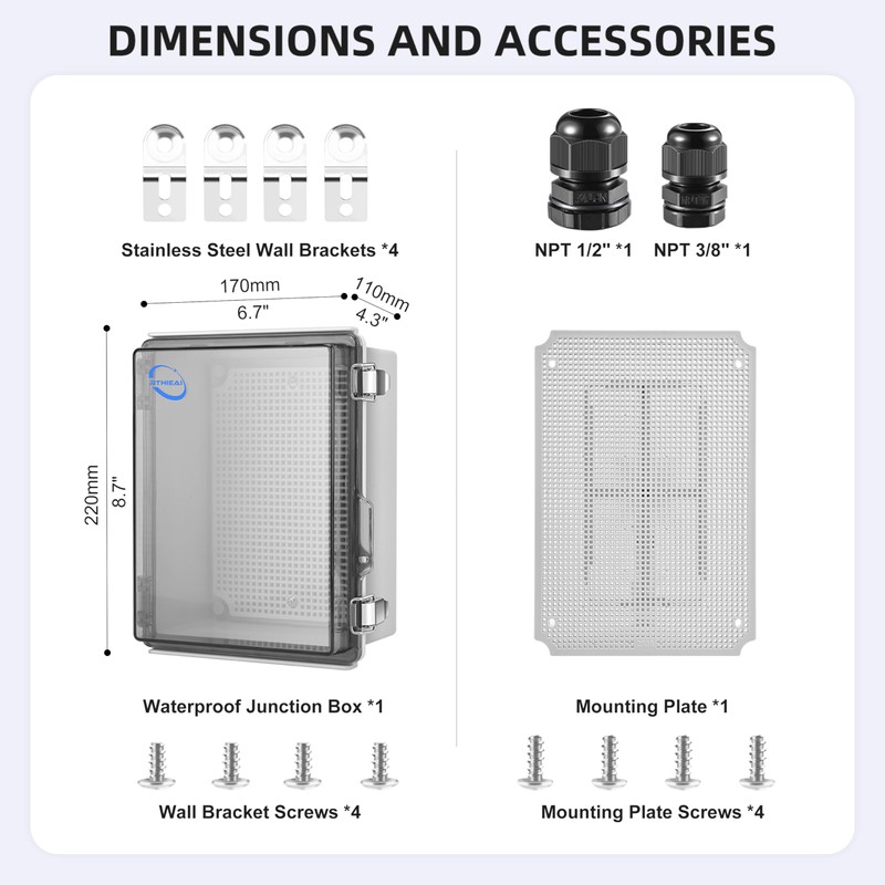 RTHIEAI Waterproof Outdoor IP67 Junction Box (8.7"x6.7"x4.3") with Mounting Plate,