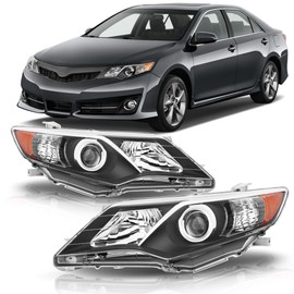 Headlight Assembly Compatible with 2012 2013 2014 Toyota Camry L/Se/Le/Xle Halogen Headlamp Pair, Black Housing Amber Reflector