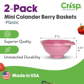 Crisp 2 Pack Mini Colander Berry Baskets - Plastic, Durable Kitchenware, Dishwasher Safe - Made in the USA - Pink