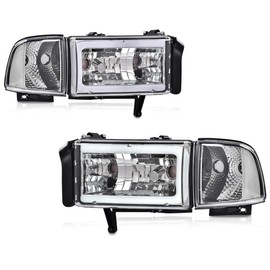 LQI LED Light Strip Headlight w/o Bulbs Compatible with Dodge Ram 1500 1994 1995 1996 1997 1998 1999 2000 2001/Dodge Ram 2500 3500 1994-2002,Clear Lens Chrome Housing Clear Reflector