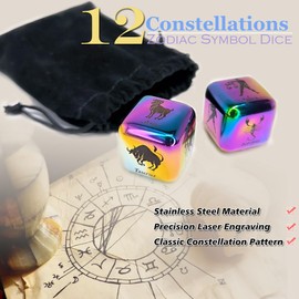 Hometu 2Pcs/Set Metal 12 Constellation Dice Set, Laser Engraved 6-Sided Stainless Steel Big Zodiac Dices for Game Divination Accessory (Classic, Colorful), DK-MDICE-12XZ