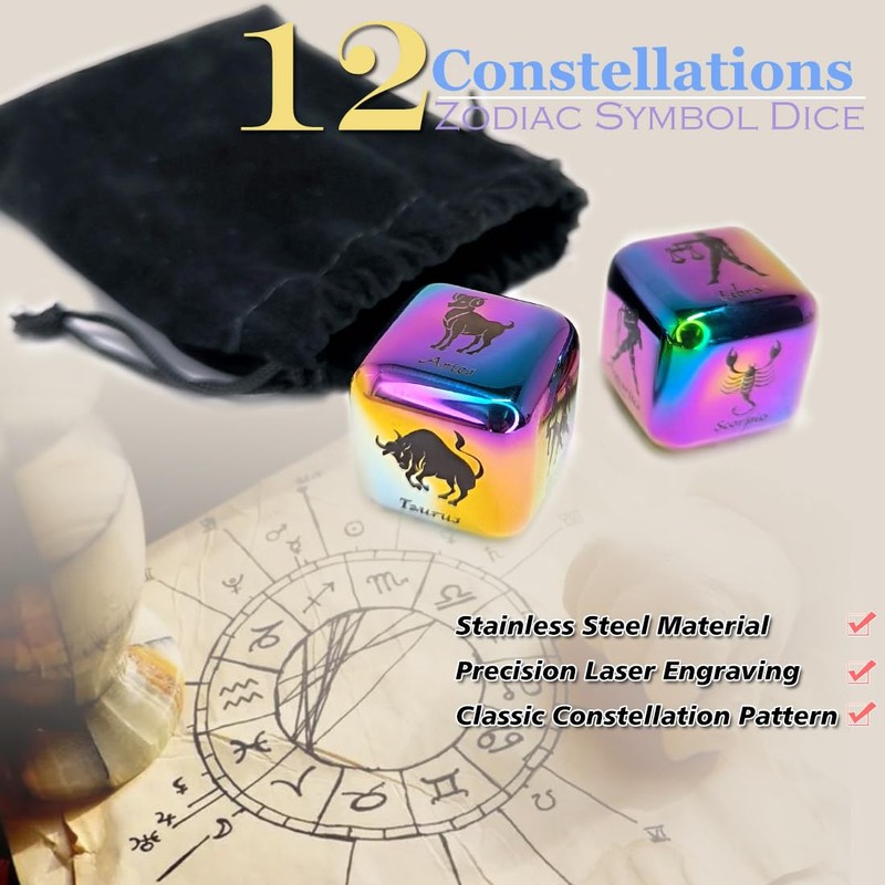 Hometu 2Pcs/Set Metal 12 Constellation Dice Set, Laser Engraved 6-Sided