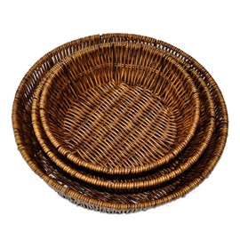 8/9/11 inch circular plastic hand woven bread basket set, Bohemia, steel frame woven rattan basket, for storing kitchen outdoor (3 pieces)